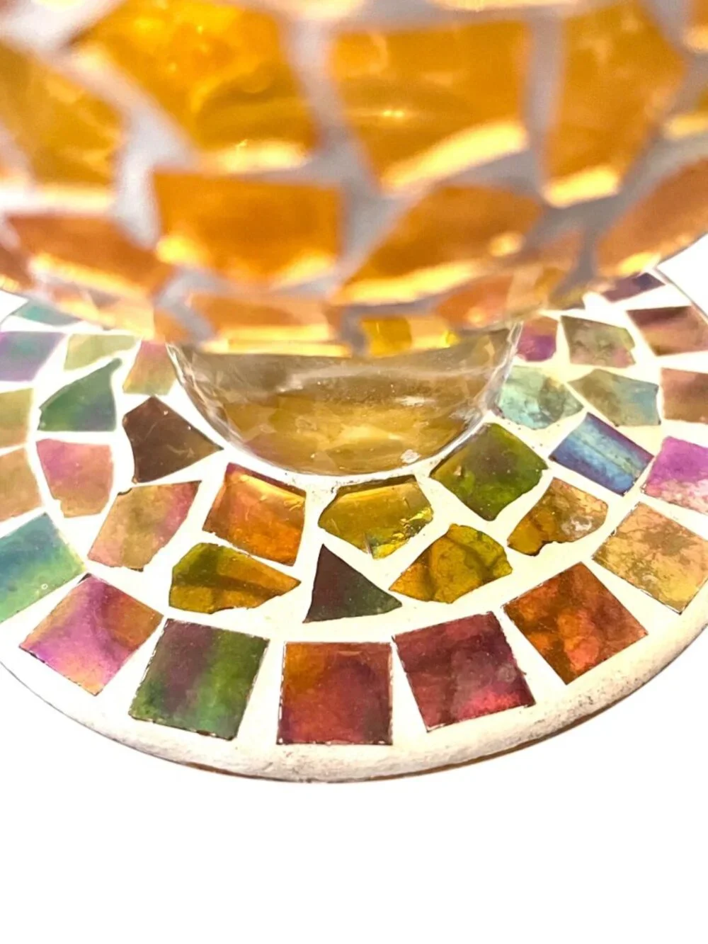 Amber Iridescent Mosaic Glass Pedestal Bowl Tiles Candy Nuts Candle Home Accent